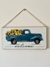 Load image into Gallery viewer, Blue Truck with Sunflowers Welcome Sign