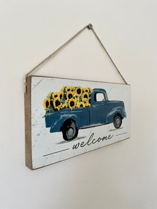Blue Truck with Sunflowers Welcome Sign