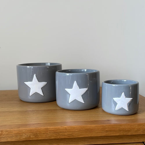 Set of 3, White Star, Grey Ceramic Pots - SECONDS