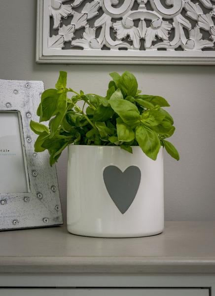 White Ceramic Flower Pot with Grey Heart